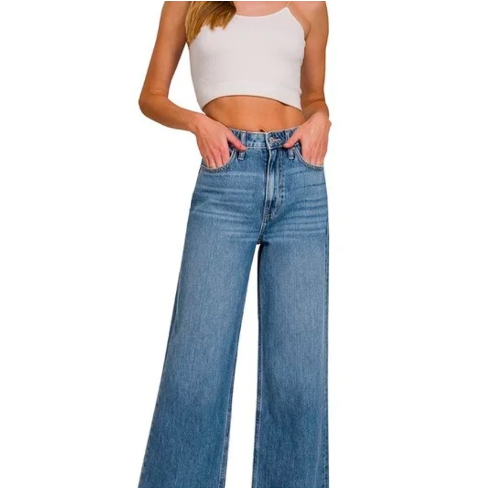 Zenana high waisted wide leg straight zip close blue denim jeans 100% cotton